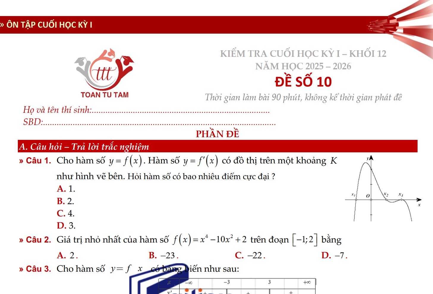 Đề kiểm tra học kì 1 Toán 12 Kết nối tri thức theo form 2026 Tự Tâm - Đề 10 Miễn phí